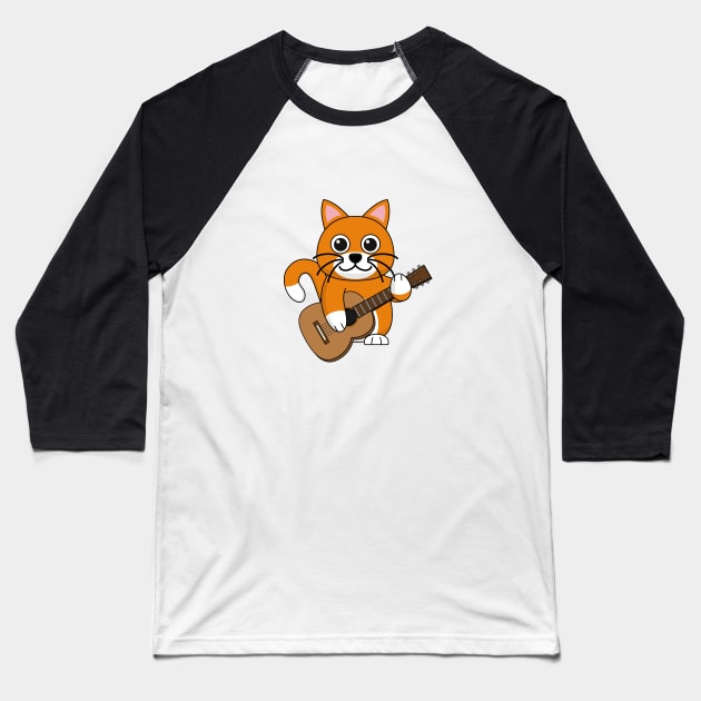 Cute Orange White Cat Playing Guitar Cartoon Baseball T-Shirt by BirdAtWork